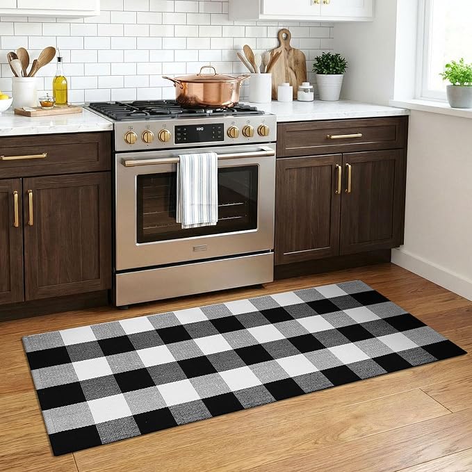 KOZYFLY Buffalo Plaid Rugs 2x4.3 Ft Black and White Rug Front Door Mat | Washable Front Door Rug, Woven Cotton Indoor Outdoor Rug, Front Porch Kitchen Entryway Patio Farmhouse Checkered Doormat