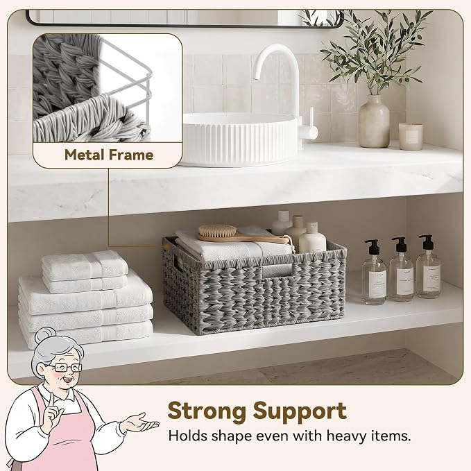 GRANNY SAYS Wicker Baskets for Organizing, Waterproof Pantry Basket, 1-Pack | Plastic Wicker Storage Baskets for Shelves,Large Wicker Baskets for Storage,Handwoven Storage Baskets with Handle,Grey Basket