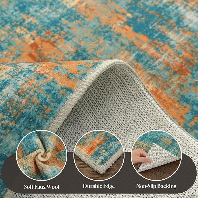 Lansny Abstract Washable Entryway Rug 3x5 Area Rug Non Slip Kitchen Rugs | Teal/Orange;Thin Printed Faux Wool Door Mat;Front Door Rug;Indoor Entry Rug;Rubber Backed Floor Carpet;Throw Rugs