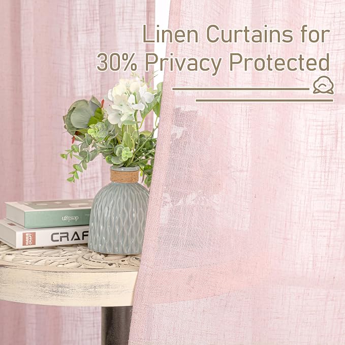 Semi Sheer Linen Curtains 45 Inches Long for Windows, 52 x 45 Inch | Light Filtering Panels, Neutral Drapes for Girls Room, Window Treatment, Bedroom, Rod Pocket Back Tab, Pink, 2 Panels