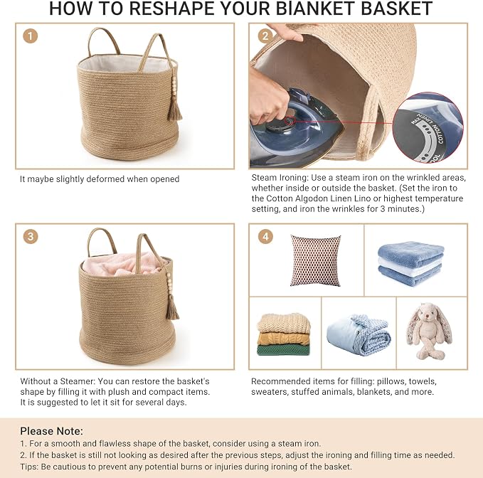 Mkono Woven Storage Basket for Blanket, Toys Plant Organizer, 15"W x 17.7"L | Brown, Jute, 51L Large Capacity, Shipped Folded with Reshape Guide, Soft Woven Bin for Blankets Toys Plant Pot Cover