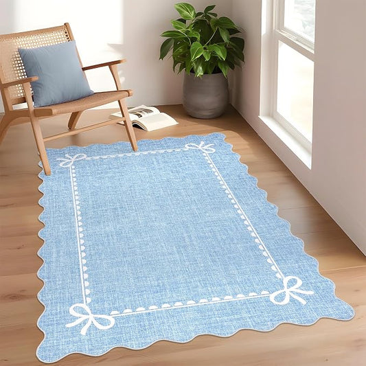 COZYLOOM 4x6 Scalloped Nursery Rug Washable Living Room Rug with Non Slip Backing, Stain Resistant Non Shedding Bow Printed Carpet Foldable Soft Solid Mats for Dining Room, Bedroom, Office, Blue