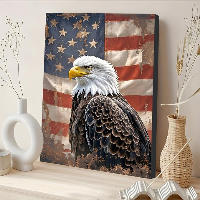 Framed Vintage Bald Eagle American Flag Wall Art, Patriotic Rustic Canvas Art Pictures, USA Eagle Wall Decor, Made in USA Ready to Hang for Office Man Cave