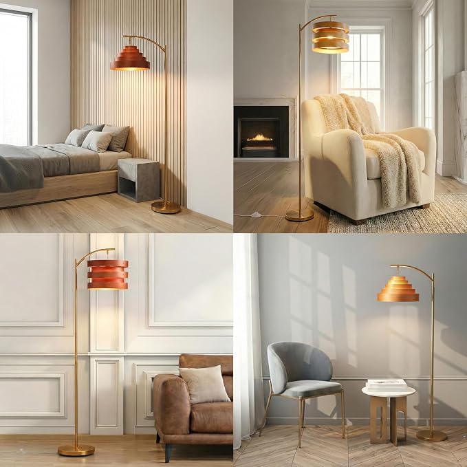 O’Bright Strata Wooden Floor Lamp - Mid Century Modern Standing Lamp with Layered Wood Shade, Tall Reading Lamp for Living Room, Bedroom, Office, Black, Dark Oak, Horizon Shade