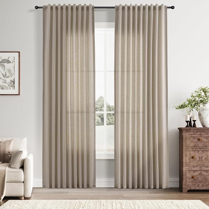 Linen Curtains 84 Inches Long for Living Room Semi Sheer Light Filtering Curtain Back Tab Rod Pocket Neutral Boho Modern Farmhouse Decor Window Drapes for Bedroom 52x84 2 Panels Cobblestone