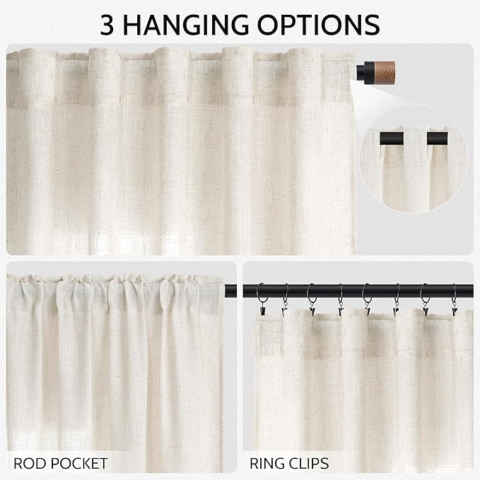 Modern Linen Curtains 96 Inches Long for Living Room Light Filtering Semi Sheer Curtain Back Tab Neutral Luxury Modern Farmhouse Decor Linen Blend Drapes for Bedroom 52x96, 2 Panels
