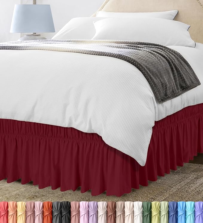 Wrap Around Queen Bed Skirt, Easy Fit Elastic Belt, 16 Inch Drop, Burgundy | No Mattress Lifting, Stay-Put Design, Adjustable Buckle & Elastic Belt, Wrinkle & Fade Resistant, Brushed Microfiber