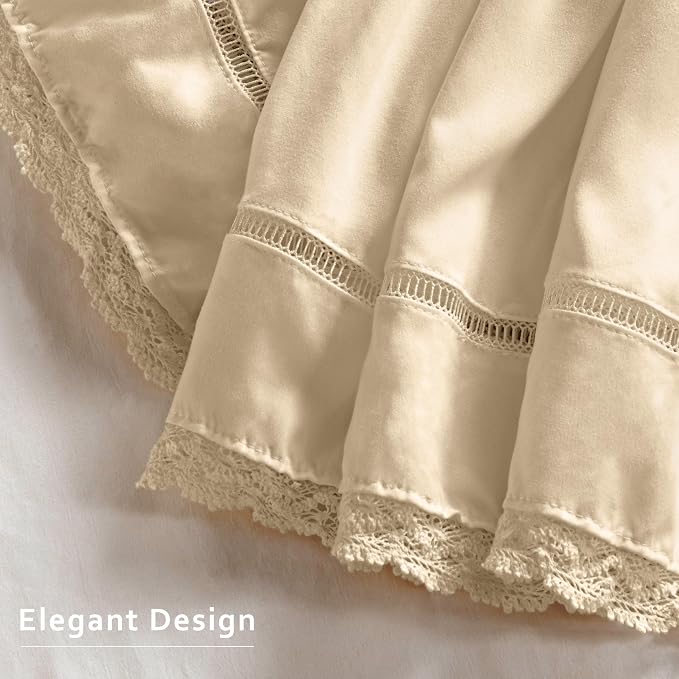 MIYE Wrap Around Ruffled Lace Bed Skirt, Elastic Dust Ruffle with Adjustable Belts, Easy to Put On, Bed Frame Cover, Machine Washable (Floral Lace/Light Beige, King/Queen-18 Drop)