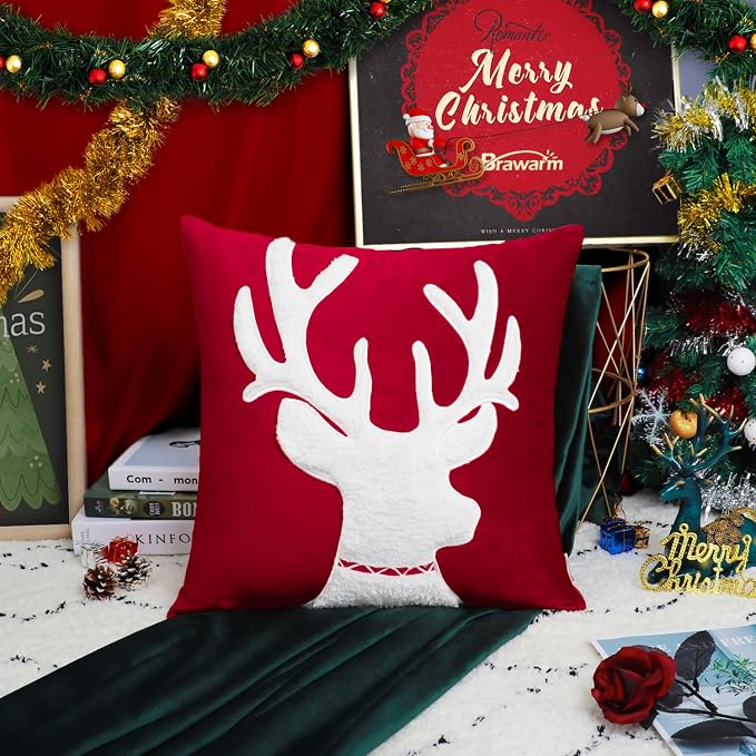 BRAWARM Christmas Pillow Cover 20 X 20 Inches, Christmas Red Reindeer Embroidered Pillow Cover, Soft Velvet Decorative Throw Pillow for Couch Bed Sofa Living Room Home