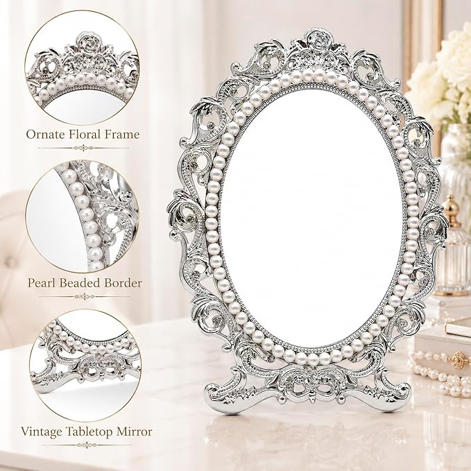 Vintage Vanity Makeup Mirror for Desk - Antique Small Table Decor, Silver | Art Nouveau Decorative with Stand, Frame for Tabletop Office Bedroom Furniture Room Bathroom Home Wall Dresser Accessories