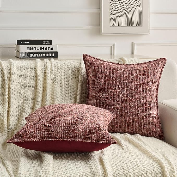 FUTEI Pack of 2 Chenille Tweed Vintage Throw Pillow Covers 18x18 Inch Soft Decorative Cushion Case Modern Farmhouse Accent for Couch Bed Living Room, Burgundy