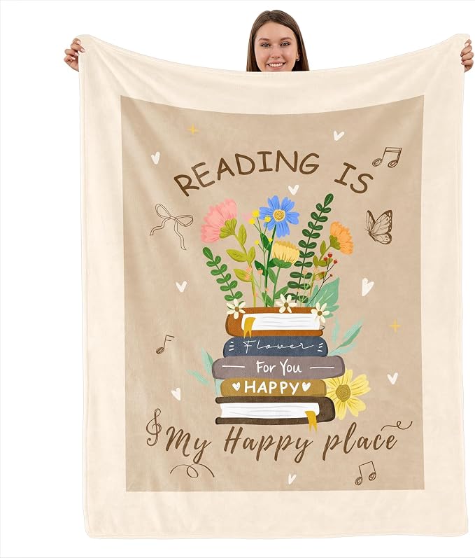 TURMTF Reading is My Happy Place Throw Blanket | Floral Book Design, Flannel Material, For Book Lovers, Readers, Bookworms, Librarians, Teachers