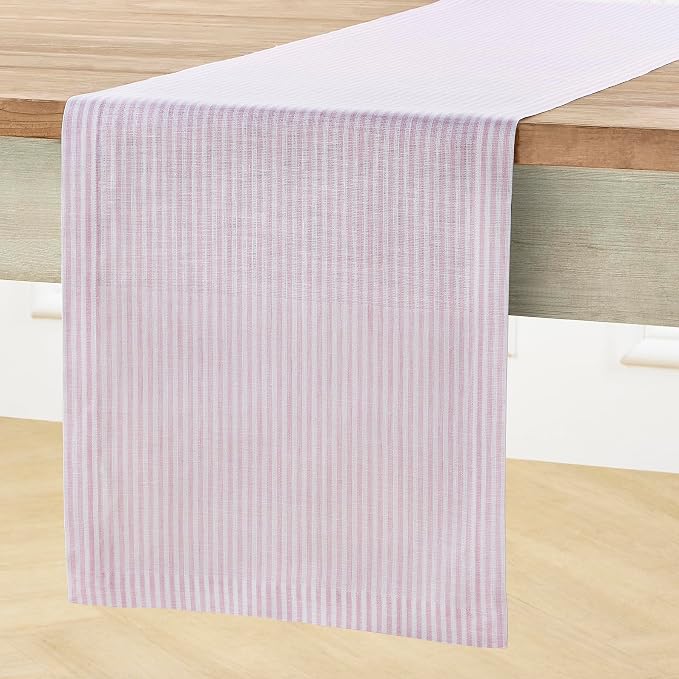 Solino Home 100% Pure Linen Table Runner, 14 x 48 in, Pink and White Stripe | Narrow Stripe, dresses up dining tables for everyday meals, European flax fibres, machine washable, soft, OEKO-TEX Certified