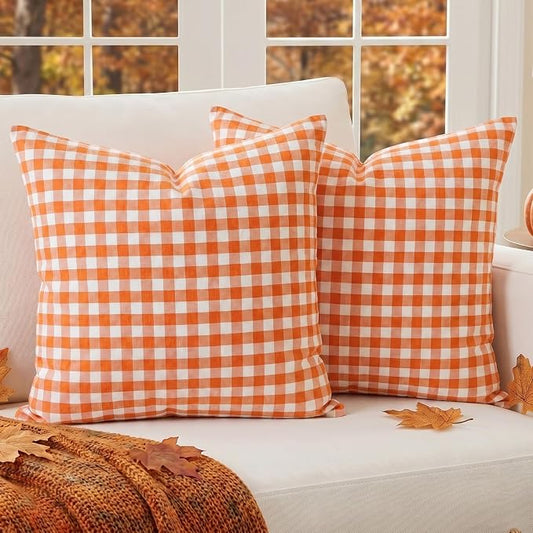 Burnt Orange Fall Gingham Plaid Pillow Covers 18x18 for Outdoor Porch Patio | Set of 2, Thanksgiving Autumn Pillow Cover 18 x 18, Farmhouse Pillow Covers, Aesthetic Fall Decor, Fall Front Porch Decor