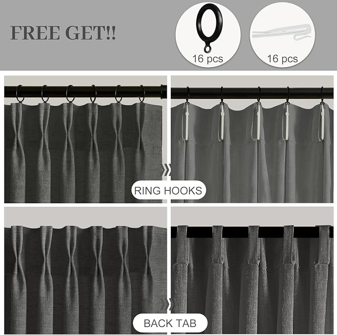 96 Inch Linen Pinch Pleated Sheer Light Filtering Curtains for Living Room | Semi Sheer, Farmhouse, Semi Sheer, Pinch Pleat, Linen Blend, Hook Ring, Memory Shape, W40xL96, 2 Panels, Charcoal Grey