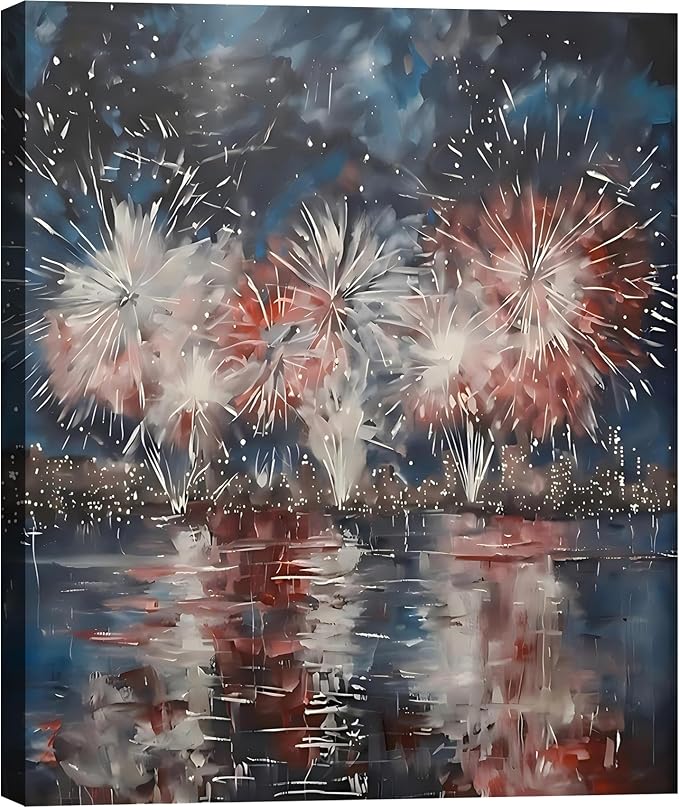Framed 4th of July Fireworks Cityscape Wall Art, Patriotic Abstract Canvas Art Pictures, USA Independence Day Wall Decor, Made in USA Ready to Hang for Living Room Bar