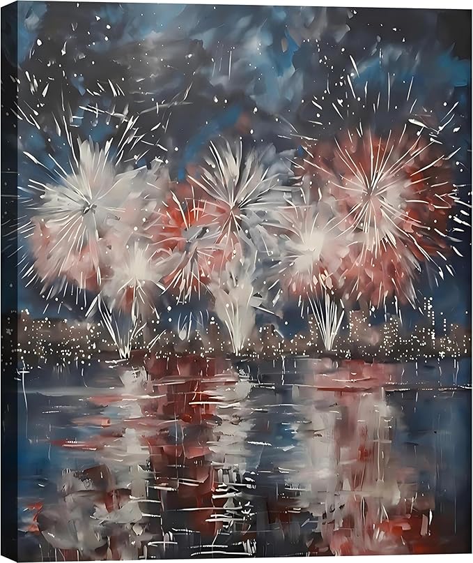 Framed 4th of July Fireworks Cityscape Wall Art, Patriotic Abstract Canvas Art Pictures, USA Independence Day Wall Decor, Made in USA Ready to Hang for Living Room Bar