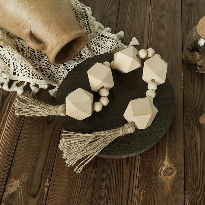 2" Octagonal Extra Large Wood Bead Garland with Tassels, 28" Long Rustic Farmhouse Wooden Beads Garland, Decorative Beads Boho Decorations for Home Table Mantle Natural Beige