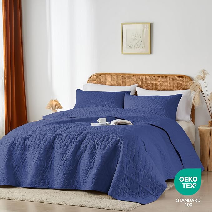 akkialla Full/Queen Size Quilt Bedding Set,Navy Blue Lightweight Microfiber Soft Bedspread,Modern Style Geoetric Pattern Coverlet Set for All Seasons,3 Piece(1 Quilt,2 Pillow Shams)
