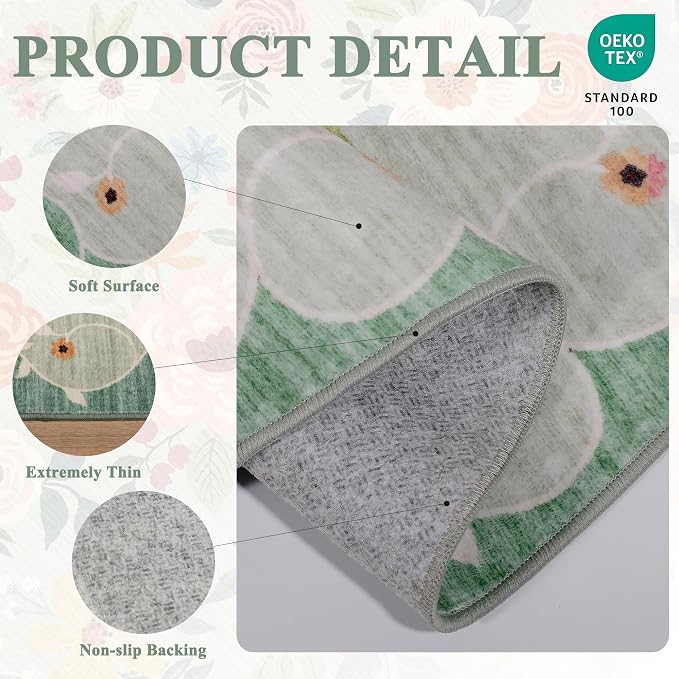 DUKINO 2.6x8 Runner Rug, Washable Runner Rug for Hallway Non Slip, Green | Low Pile, Soft, Floral Indoor Rug for Kitchen, Entryway, Bedroom, Bathroom, Pet Friendly, Stain Resistant, Modern Home Decor