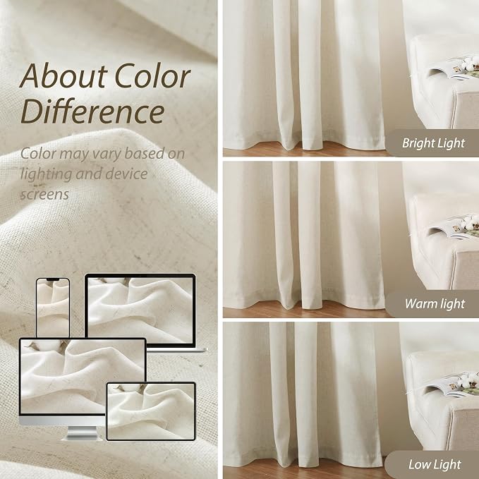 RYB HOME Linen Sheer Curtains 2 Panels for Living Room, Semi Transparent Privacy Drapes with Rod Pocket Farmhouse Style Window Treatments for Bedroom, Linen, 52" W x 90" L