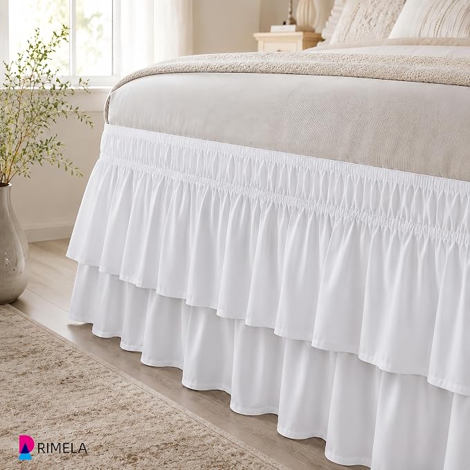 RIMELA Queen Size Ruffle Bed Skirt 16 Inch Drop - White Double Layered Wrap Around Dust Ruffle, Romantic Cute Design Bedskirt with High-Density Fabric, Soft Stretchy, Easy Install for Queen Bed