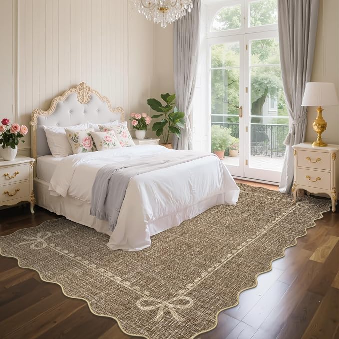 COZYLOOM 4x6 Scalloped Rugs for Living Room, Machine Washable Area Rugs with Rubber Backing, Non Shedding Low Pile Bordered Bow Carpet Stain Resistant Soft Mats for Nursery Dining Room Bedroom, Brown