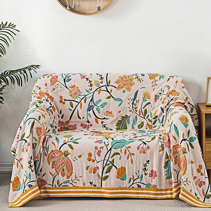 Boho Throw Blanket for Bed 100% Cotton Bohemian Blankets Ultra Soft Woven Muslin Decorative Blankets All Seasons Vintage Quilt Knitted Blanket for Sofa Chair(Yellow, 80"x90")