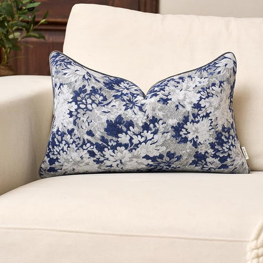 Yangest Neutral Floral Pillow Cover 12 x 20 Inches, Vintage Chenille Rectangle Throw Pillow Cover Soft Decorative Farmhouse Accent Couch Pillow Cover for Living Room Bedroom, Blue