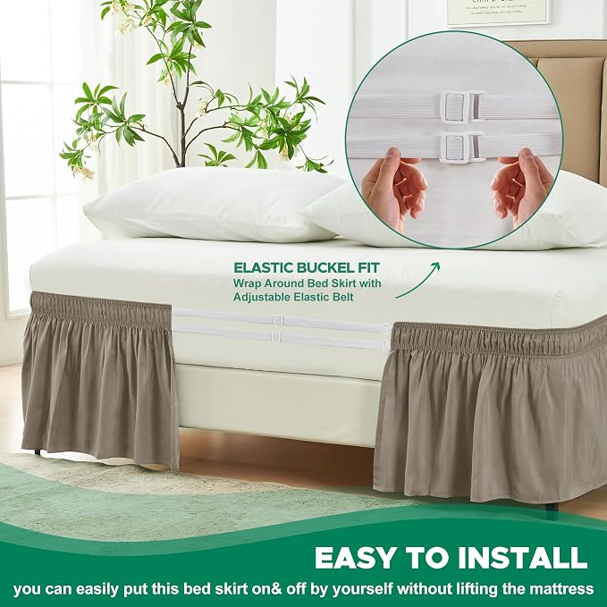 Wrap Around Queen Size Bed Skirt 15 Inch Drop-Elastic Dust Ruffle Taupe | Adjustable Pleated Bedskirt-Easy Fit Wrinkle Resistant Washable Hotel Quality Fabric Bed Skirting-Master Guest Bedroom Rental
