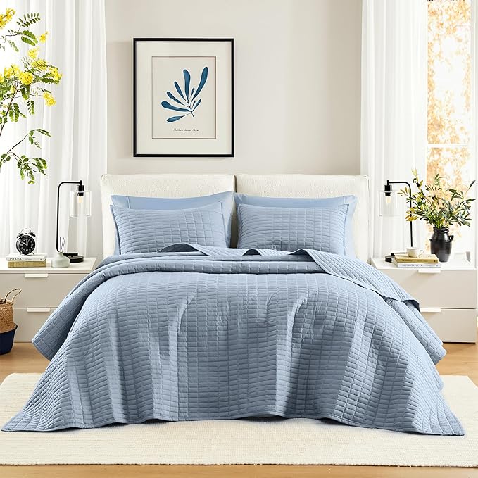 Comfort Spaces Oversized Bedspread Queen Quilt Set 3 Piece 102x 118 Blue | Coverlet for Summer Soft Cozy Lightweight All Season Quilted Extra Layer with Matching Sham, Bedroom Decor OEKO-TEX Certified