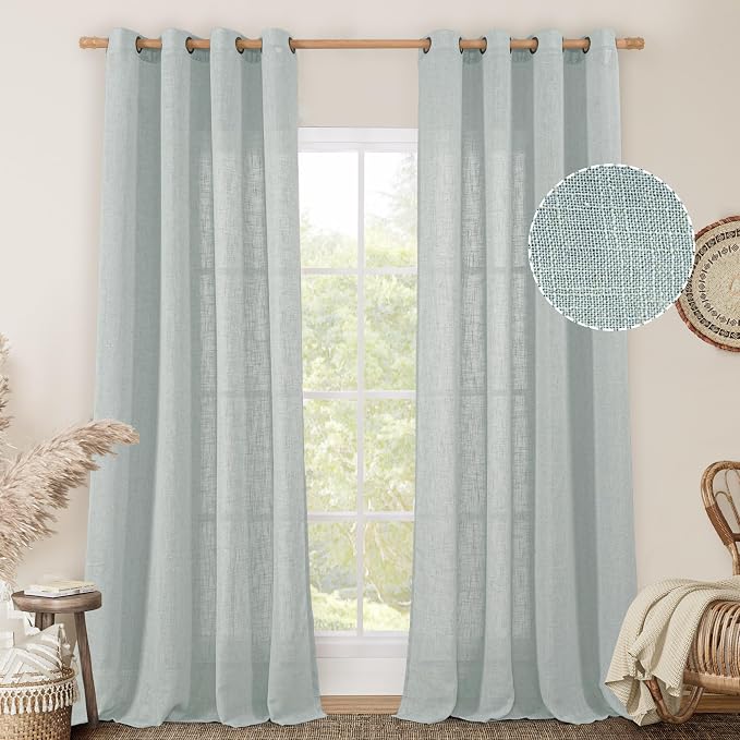 Greyish Blue Linen Sheer Curtains 84 inch Long for Living Room | Linen Textured, Light Filtering, Curtains for Bedroom, Farmhouse, Bronze Grommet, Boho Drapes, 2 Panels, 52 x 84 Inch