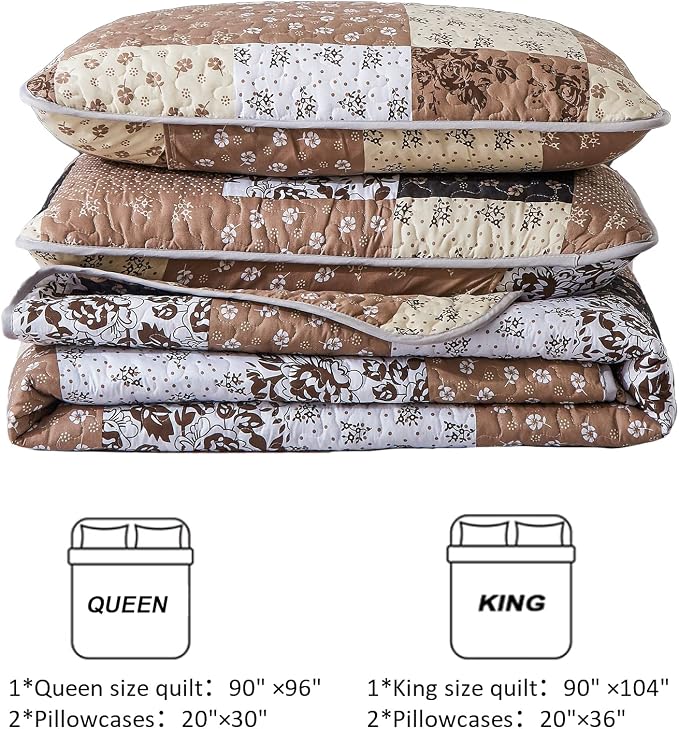 Mybedsoul Brown Quilt California King, Patchwork Floral Bedding Set | Soft Lightweight Microfiber Coverlet Set,3 Pieces Plaid Reversible Bedspread, Bed Sets for All Seasons 110"x96"