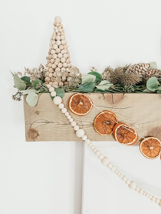 7ft Wood Bead Garland Farmhouse Home Decor Rustic Country Natural Holiday Christmas Tree Boho Decorations Mantel Wall Hanging Prayer Beads