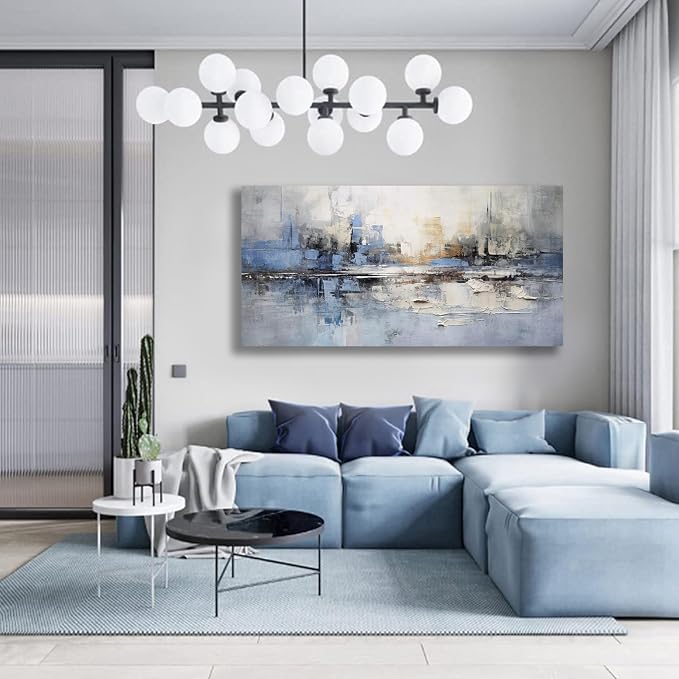 VHMING Abstract Wall Art Wall Decor Blue and Gray White Modern Canvas Wall Paintings Abstract Artwork for Living Room Bedroom Bathroom Office Home Decor Can Be Hung Directly 24"x 48"
