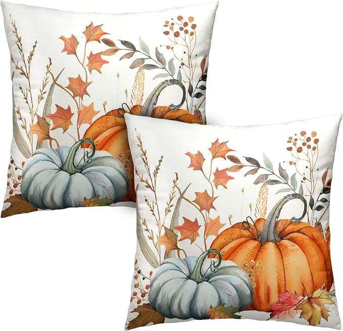 Fall Pumpkin Pillow Covers Maple Leaves Throw Pillow Covers Autumn Decorative Cushion Case 20x20 for Farmhouse Living Room Couch Patio Set of 2