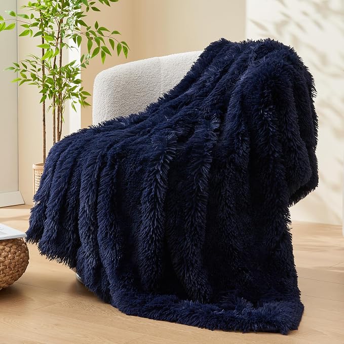 GONAAP Fuzzy Faux Fur Throw Blanket for Couch, Dark Navy, 50"x60" | Warm Cozy Plush Shaggy Decorative Reversible Thick Non-Heated Fleece Blanket for Sofa Bed, Gift for Women Men, All Season Use