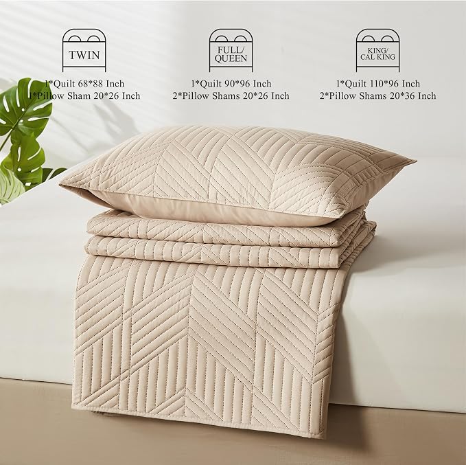 Davulos Twin Quilt Bedding Set,Beige Ultrasonic Quilt Set Reversible Microfiber Bedspread,Lightweight Soft Modern Geometric Coverlet Set for All Seasons(1 Quilt,1 Pillow Sham)