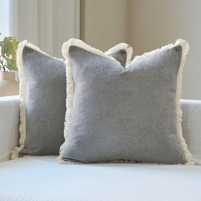 Amor Virisso Fringe Throw Pillow Covers 20x20 Set of 2 Boho Neutral Farmhouse Decorative Pillow Covers with Tassels for Couch Sofa Bed, Light Grey