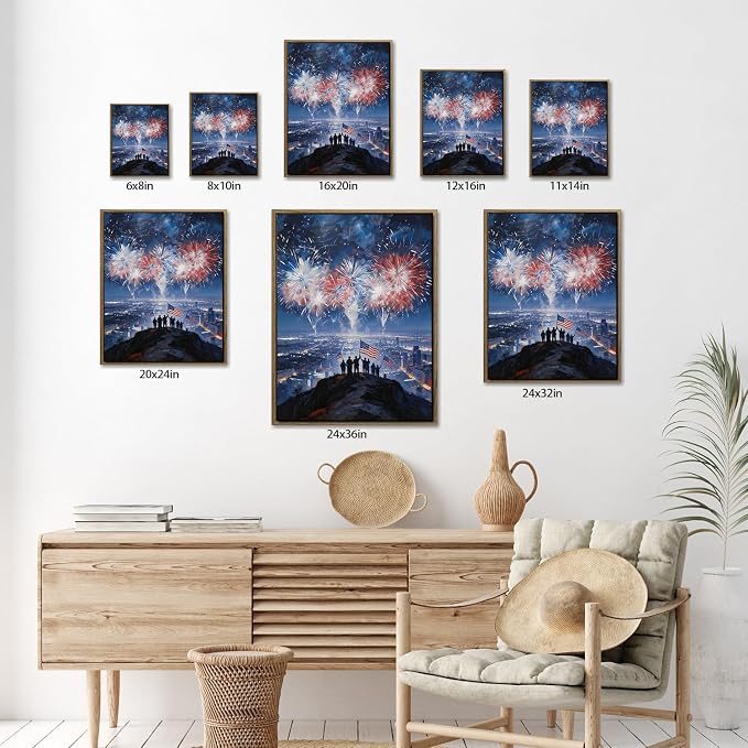 American Flag Framed Canvas Wall Art, 4th of July Patriotic Canvas Prints | Fireworks City View Poster Print, Modern Independence Day Wall Decor for Bedroom Living Room Office 6×8in