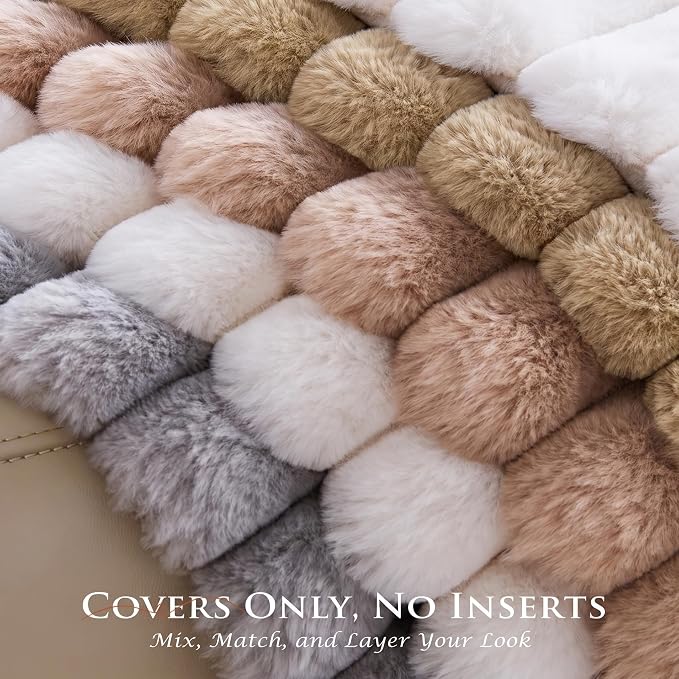 Pack of 2 Throw Pillow Covers 20x20 Decorative Solid Plush Faux Fur with Soft Velvet Back, Square Striped Cushion Cases Modern Farmhouse Home Decor for Living Room Couch Sofa Bed Khaki
