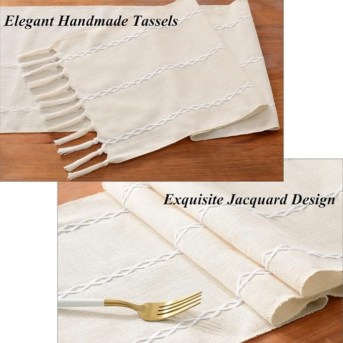 Wracra Rustic Linen Table Runner, Ivory Table Runners 90 inches Long | Raised Embroidered Design and Hand-Tassels;Cotton Linen Woven Fabric; Farmhouse Table Runner;Home Kitchen Dining Decor