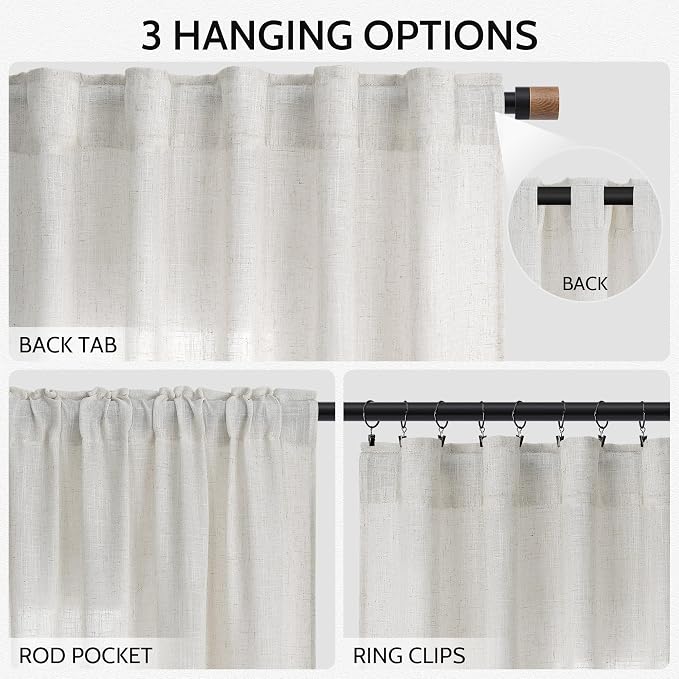 Natural Linen Curtains 120 Inches Long for Living Room Light Filtering Sheer Curtains Back Tab and Rod Pocket Farmhouse Floor to Ceiling Curtain for Bedroom High Window 52x120, 2 Panels
