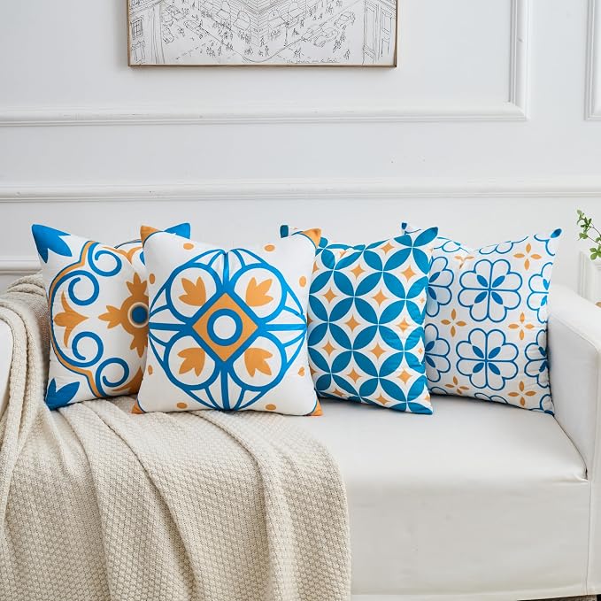 Set of 4 Boho Throw Pillow Covers 18x18 Inch, Blue Orange Pattern Decorative Pillow Case Soft Square Velvet Cushion Covers for Couch, Sofa, Living Room, Bedroom, Patio, Porch, Outdoor Home Décor