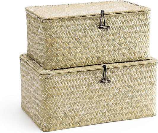 Nonam Wicker Storage Basket with Lid, Seagrass Shelf Basket Set of 2, White | Wicker Basket Container for Organizing, Boho Decorative Basket, Rectangular Household Storage Boxes for Home Organization