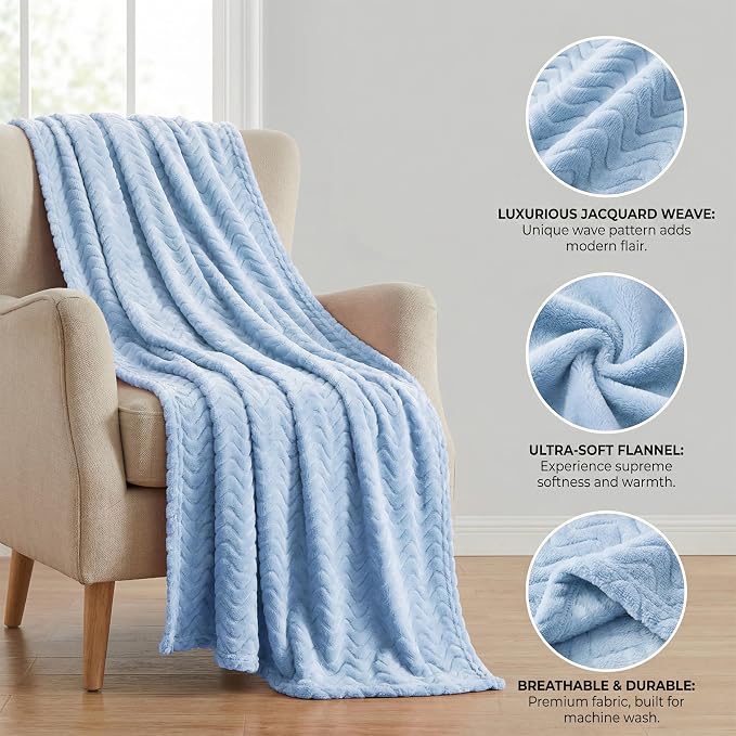 Exclusivo Mezcla Soft Fleece Blanket King Size for Bed, Sofa, Light Blue | 90"x104" Breathable Lightweight Flannel Blanket for Summer, Plush Cozy Jacquard Wave for Home Decor