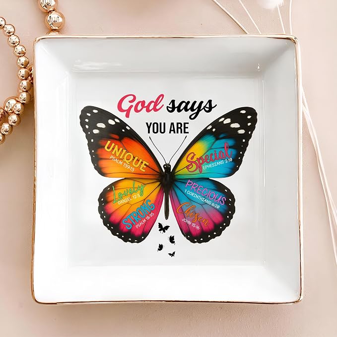 Christian Bible Verse Jewelry Dish Gift for Women, Butterfly Religious 4" Ceramic Jewelry Tray, Christian Gifts for Mom, Daughter, Friends - Birthday, Confirmation, Catholic Gift for Her, Teen Girls