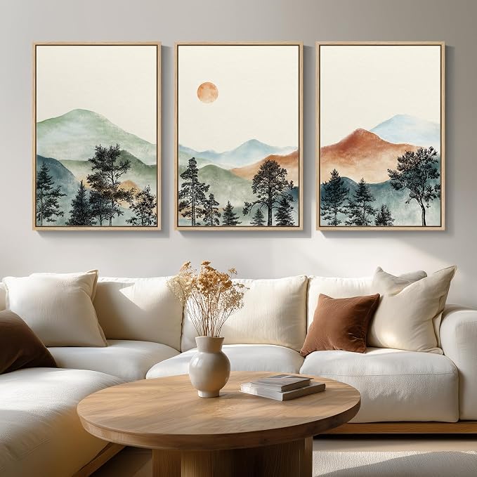 Framed Mountain Wall Art for Living Room, Boho Landscape Print, 24x36 Inch | 3 piece, Modern, Large, Watercolor, Nature picture, Sunset scenery, Mid century, Dining room decor, Ready to hang, Wood frame
