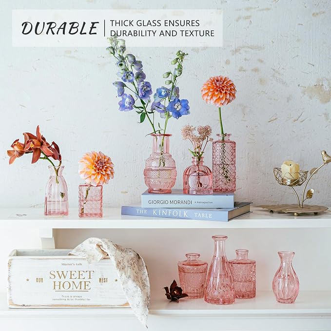 SUPMIND 16Pcs Pink Glass Bud Vases in Bulk for Wedding Table Centerpieces | Small Flower Vases Cute Mini Vintage Vase Set for Wedding, Home Decor, Table Decoration