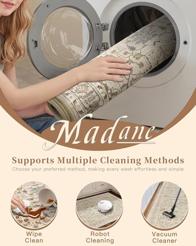 Madane Washable Entry Rug 3x4 Area Rugs for Entryway Kitchen, Beige/Blue | Vintage Printed Door Mat Indoor Entrance, Low-Pile Floor Carpet Runner for Inside Front Bedroom Kitchen Entry Laundry, Stair
